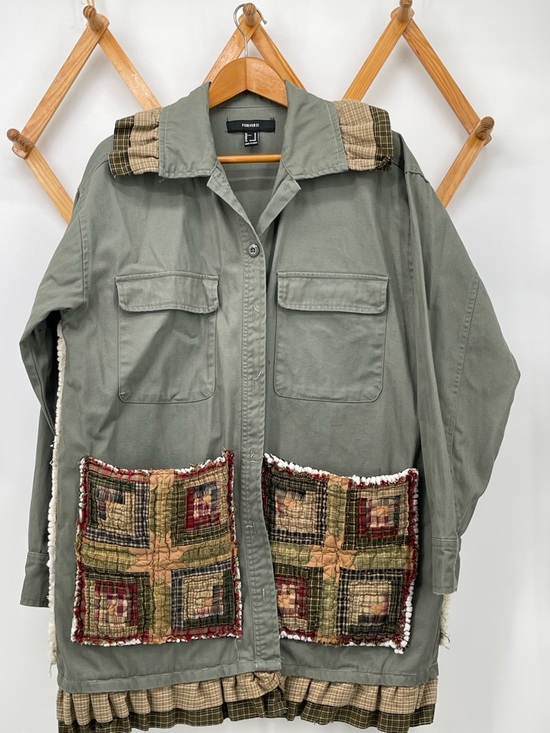 Forever 21 Jackets & Blazers - Forever 21 Olive Green Utility Jacket with Handmade Patchwork Accents
